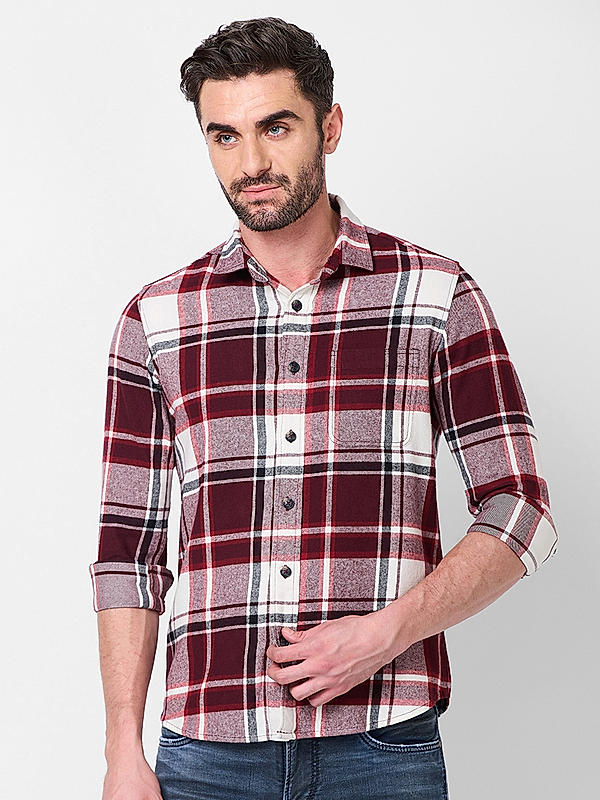 Killer Men Maroon Slim Fit Checks Shirts