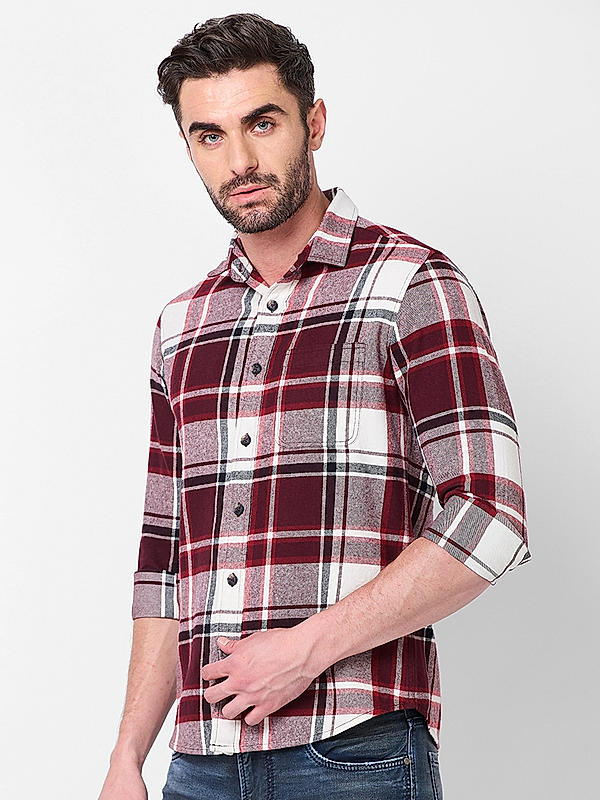 Killer Men Maroon Slim Fit Checks Shirts