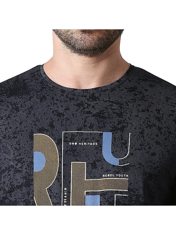 Killer Navy Blue Slim Fit Round Neck Printed T-Shirts
