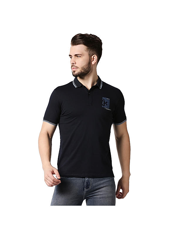 Killer Navy Blue Slim Fit Polo Neck Solid T-Shirts