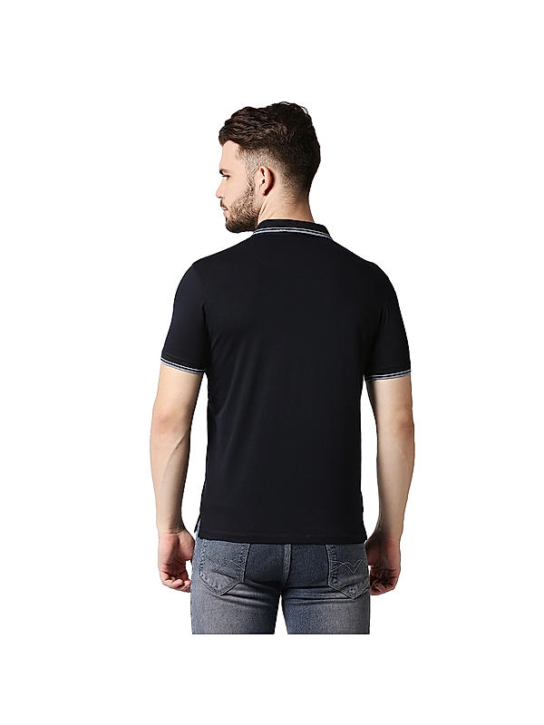 Killer Navy Blue Slim Fit Polo Neck Solid T-Shirts