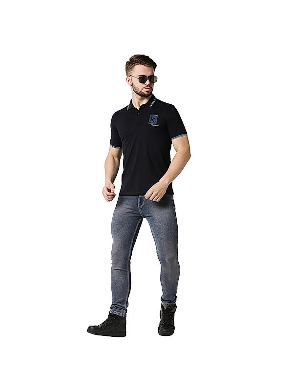Killer Navy Blue Slim Fit Polo Neck Solid T-Shirts
