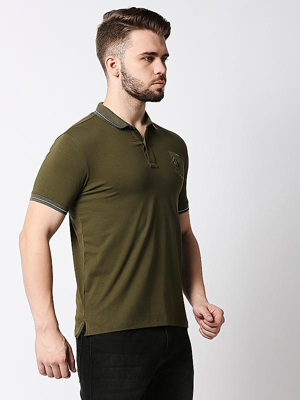 Killer Dark Green Slim Fit Polo Neck Solid T-Shirts