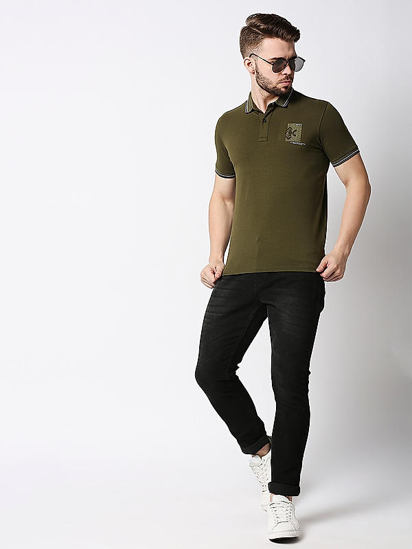 Killer Dark Green Slim Fit Polo Neck Solid T-Shirts