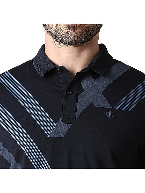 Killer Navy Blue Slim Fit Polo Neck Printed T-Shirts