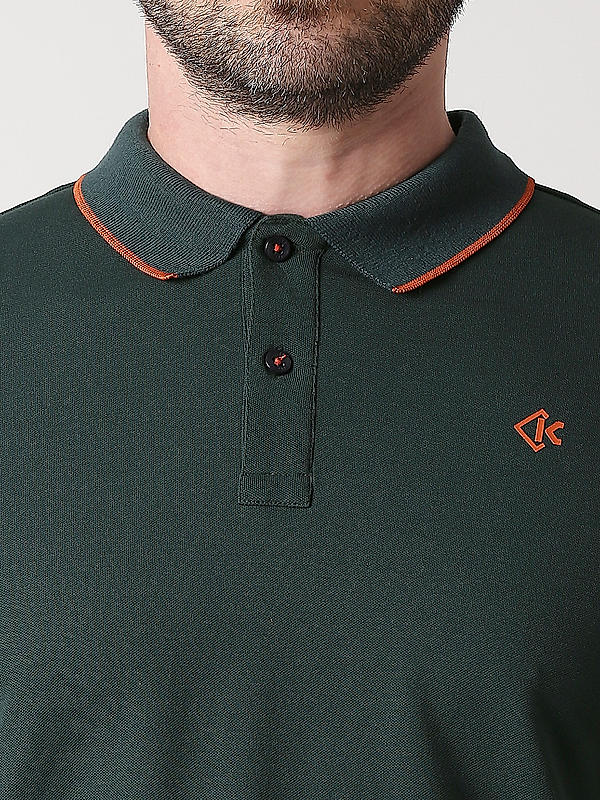 Killer Dark Green Slim Fit Polo Neck Solid T-Shirts