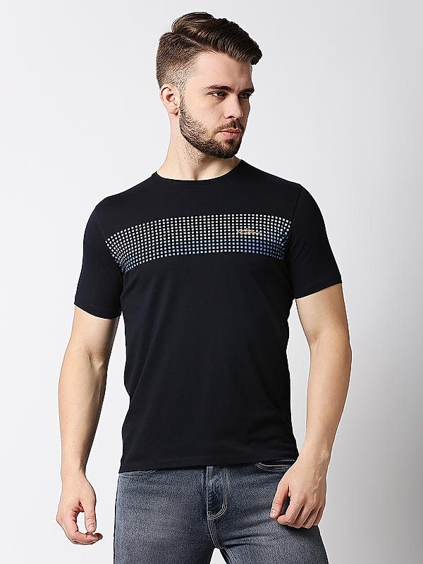 Killer Navy Blue Slim Fit Round Neck Printed T-Shirts