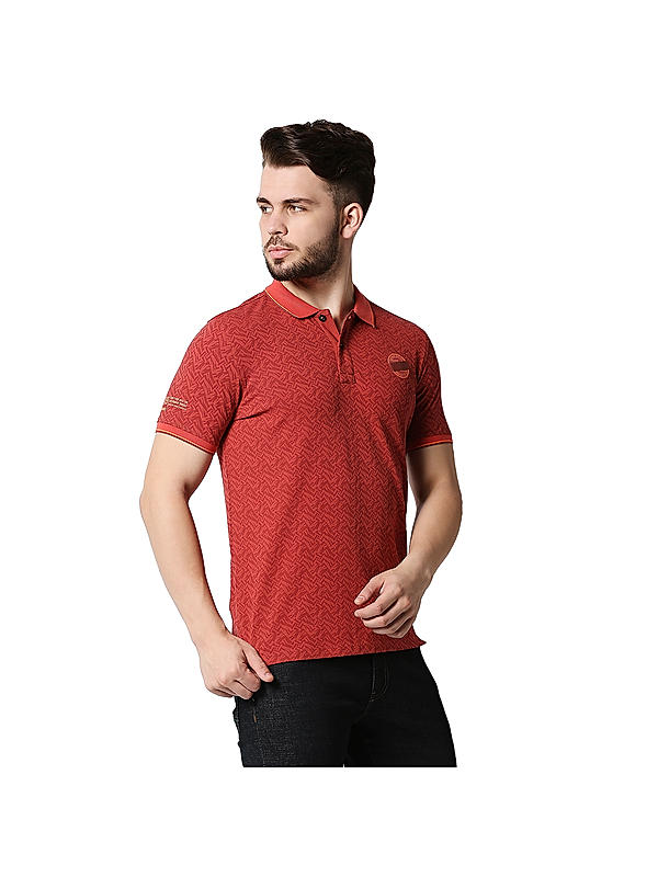 Killer Orange Slim Fit Polo Neck Abstract T-Shirts