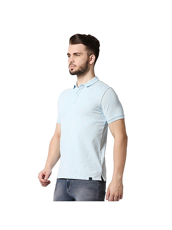 Killer Light Blue Slim Fit Polo Neck Printed T-Shirts