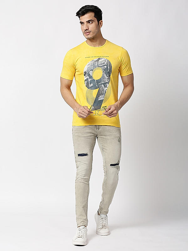 Killer Yellow Slim Fit Round Neck Printed T-Shirts