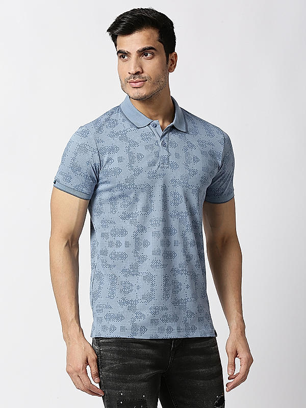 Killer Blue Slim Fit Polo Neck Printed T-Shirts