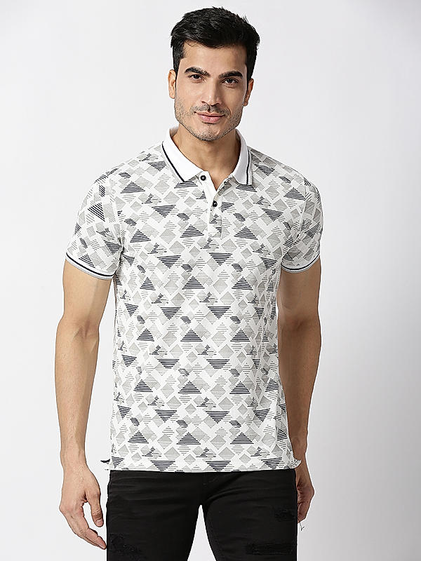 Killer White Slim Fit Polo Neck Abstract T-Shirts