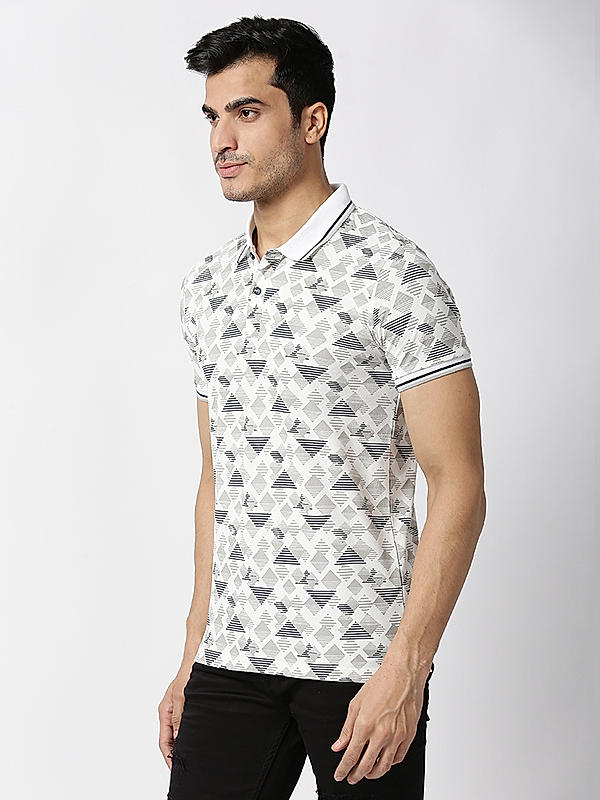 Killer White Slim Fit Polo Neck Abstract T-Shirts