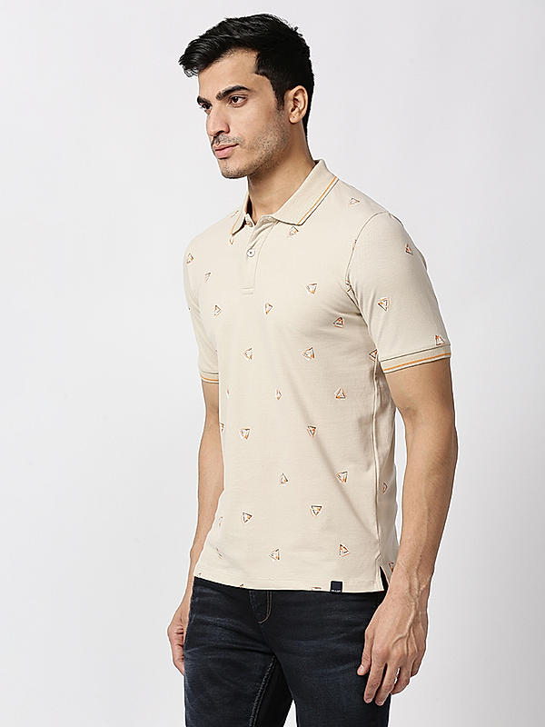 Killer Beige Slim Fit Polo Neck Abstract T-Shirts