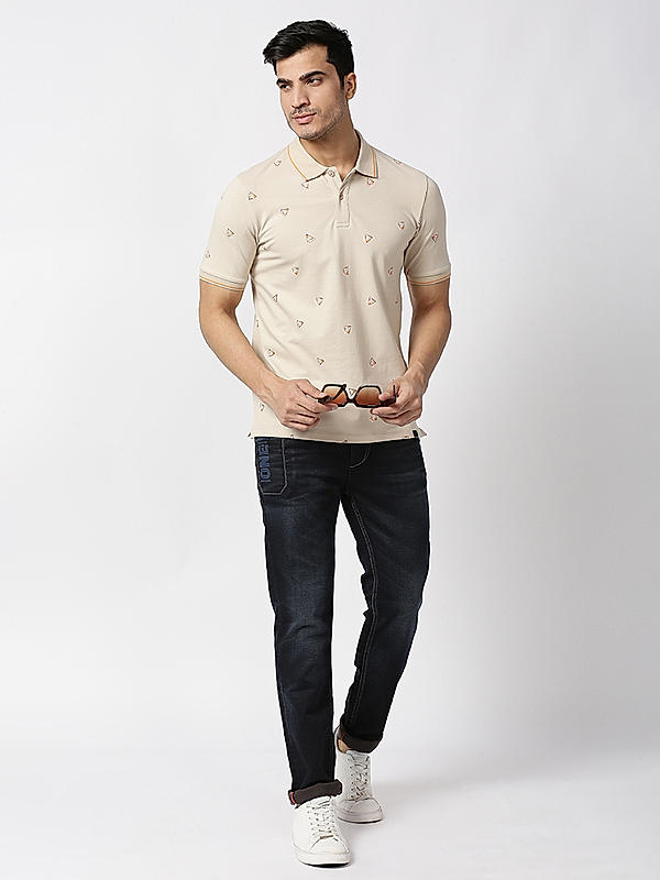 Killer Beige Slim Fit Polo Neck Abstract T-Shirts