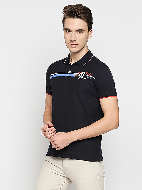 Killer Navy Printed Slim Fit Polo Neck T-Shirts