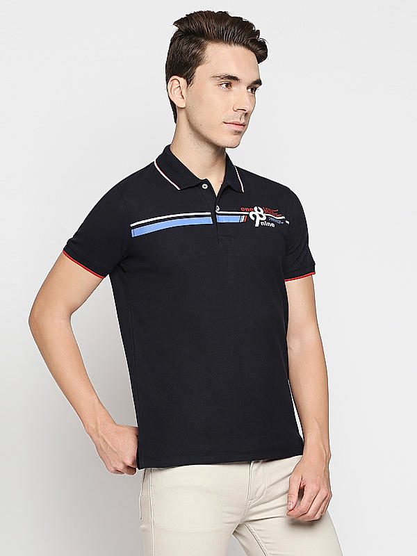 Killer Navy Printed Slim Fit Polo Neck T-Shirts