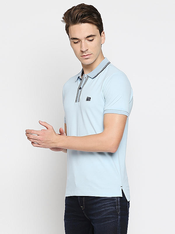 Killer Sky Blue Solid Slim Fit Polo Neck T-Shirts