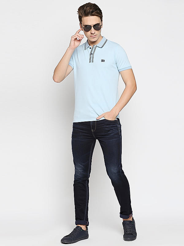 Killer Sky Blue Solid Slim Fit Polo Neck T-Shirts