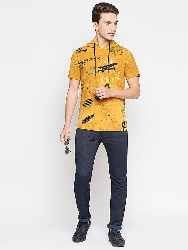 Killer Yellow Printed Slim Fit Hooded T-Shirts