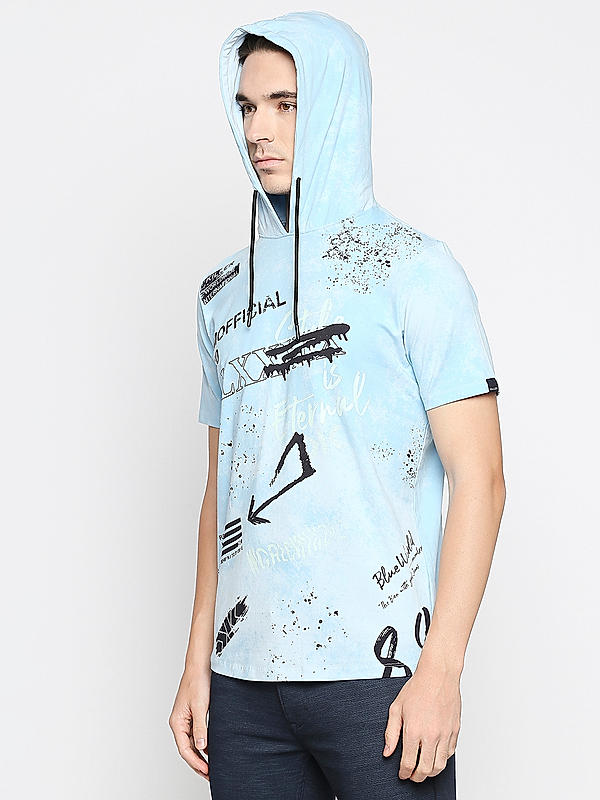 Killer Sky Blue Printed Slim Fit Hooded T-Shirts