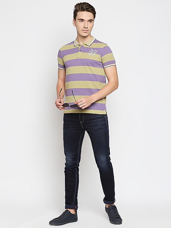 Killer Purple Striped Slim Fit Polo Neck T-Shirts