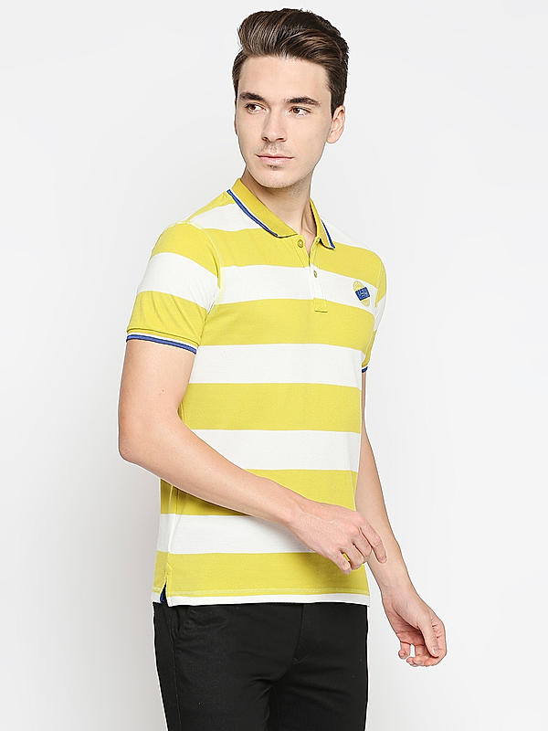 Killer Yellow Striped Slim Fit Polo Neck T-Shirts
