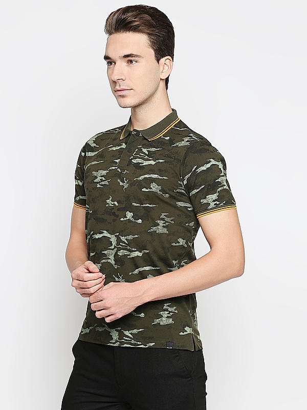 Killer Olive Printed Slim Fit Polo Neck T-Shirts