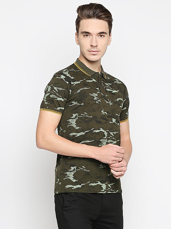 Killer Olive Printed Slim Fit Polo Neck T-Shirts