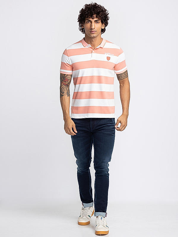 Killer Men Pink Stripes Slim Fit Half Sleeve T-Shirts