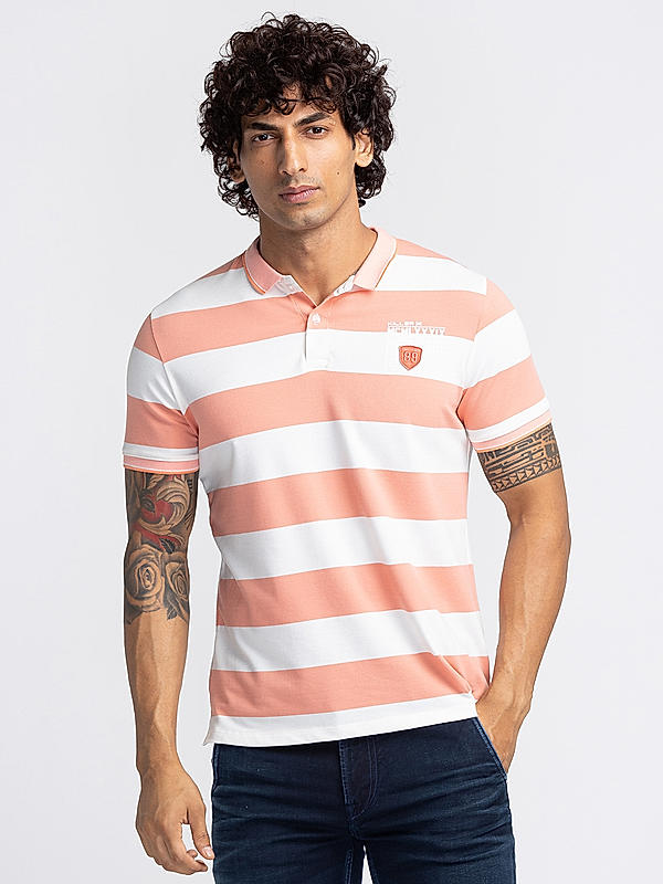 Killer Men Pink Stripes Slim Fit Half Sleeve T-Shirts