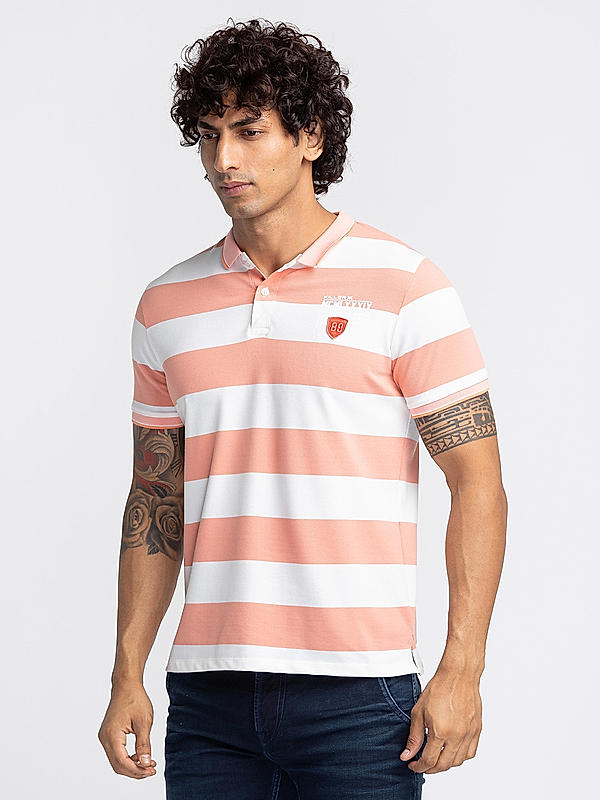 Killer Men Pink Stripes Slim Fit Half Sleeve T-Shirts