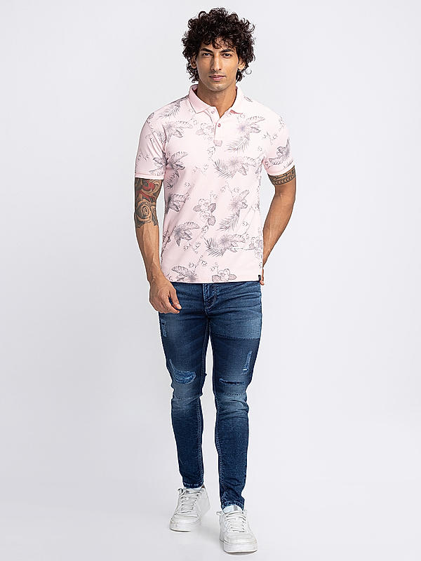 Killer Men Light Pink Floral Print Slim Fit Half Sleeve T-Shirts