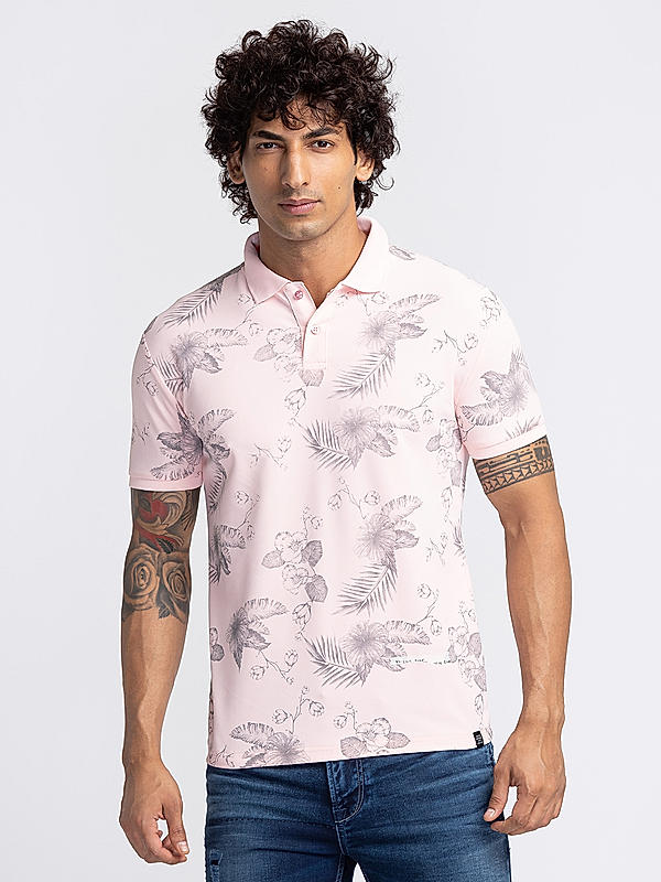 Killer Men Light Pink Floral Print Slim Fit Half Sleeve T-Shirts