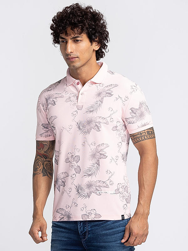 Killer Men Light Pink Floral Print Slim Fit Half Sleeve T-Shirts