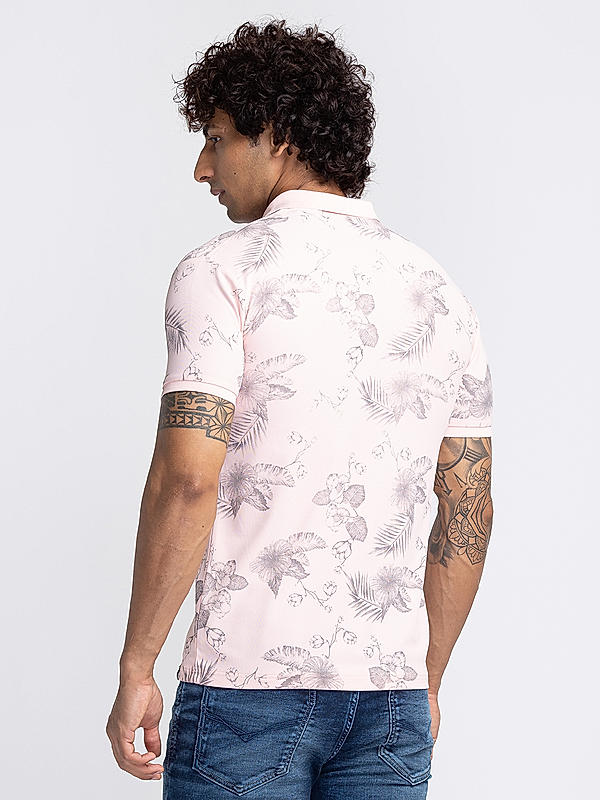 Killer Men Light Pink Floral Print Slim Fit Half Sleeve T-Shirts