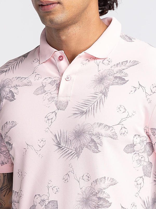 Killer Men Light Pink Floral Print Slim Fit Half Sleeve T-Shirts