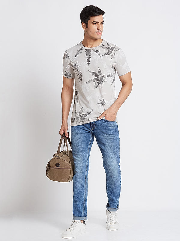 Killer Men Light Grey Floral Print Slim Fit Half Sleeve T-Shirts