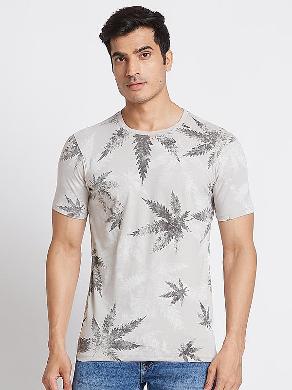 Killer Men Light Grey Floral Print Slim Fit Half Sleeve T-Shirts