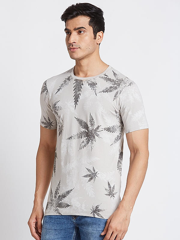 Killer Men Light Grey Floral Print Slim Fit Half Sleeve T-Shirts