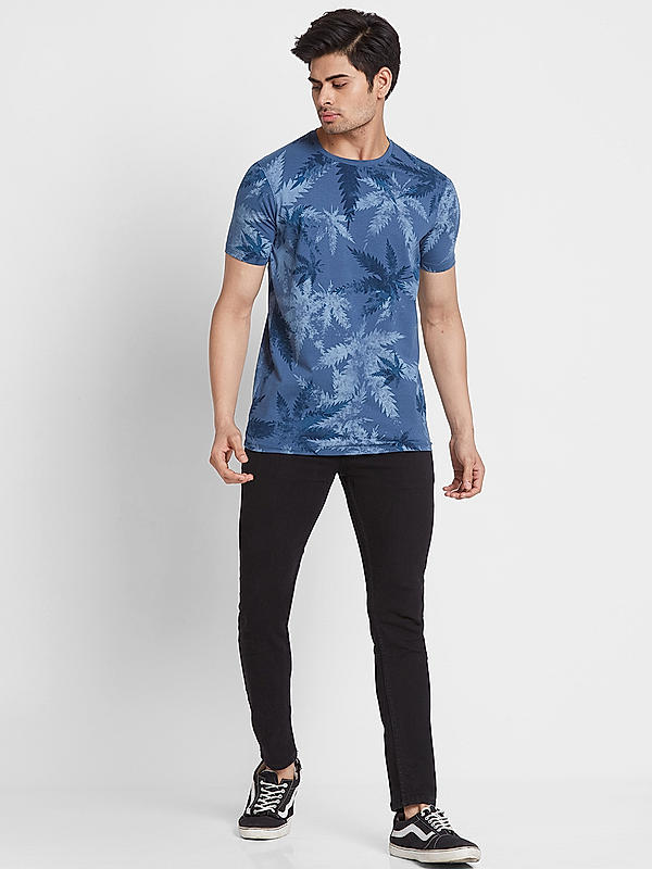 Killer Men Blue Floral Print Slim Fit Half Sleeve T-Shirts