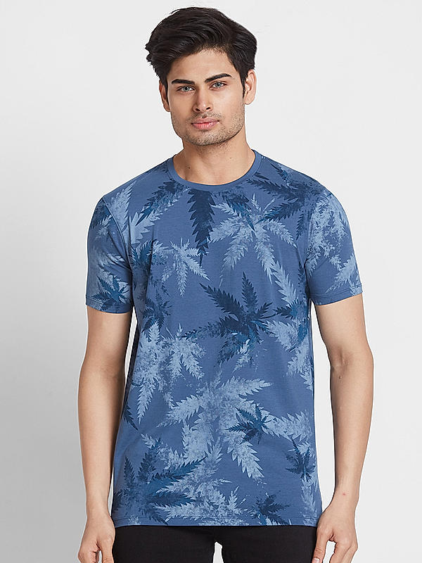 Killer Men Blue Floral Print Slim Fit Half Sleeve T-Shirts