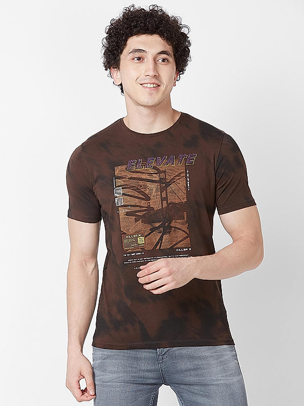 Killer Men Brown Printed Slim Fit Half Sleeve T-Shirts