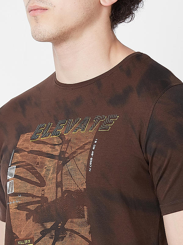 Killer Men Brown Printed Slim Fit Half Sleeve T-Shirts