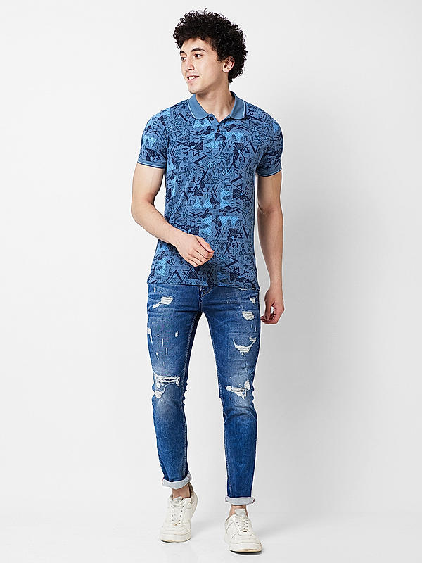 Killer Men Blue Printed Slim Fit Half Sleeve T-Shirts