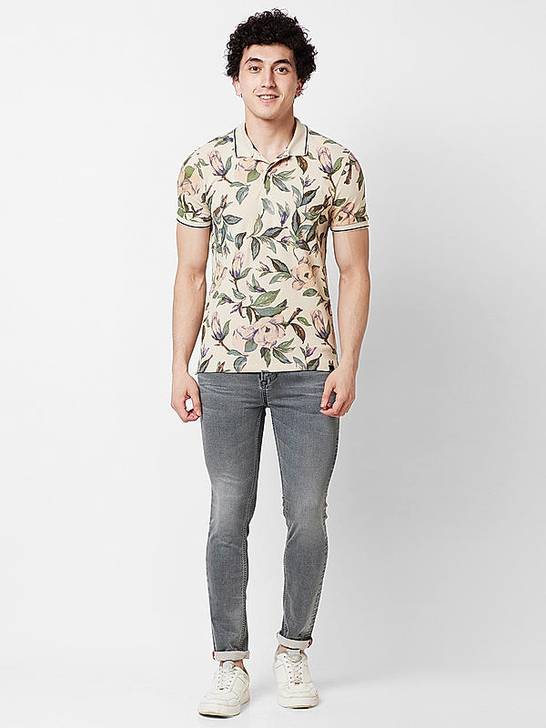 Killer Men Beige Floral Print Slim Fit Half Sleeve T-Shirts