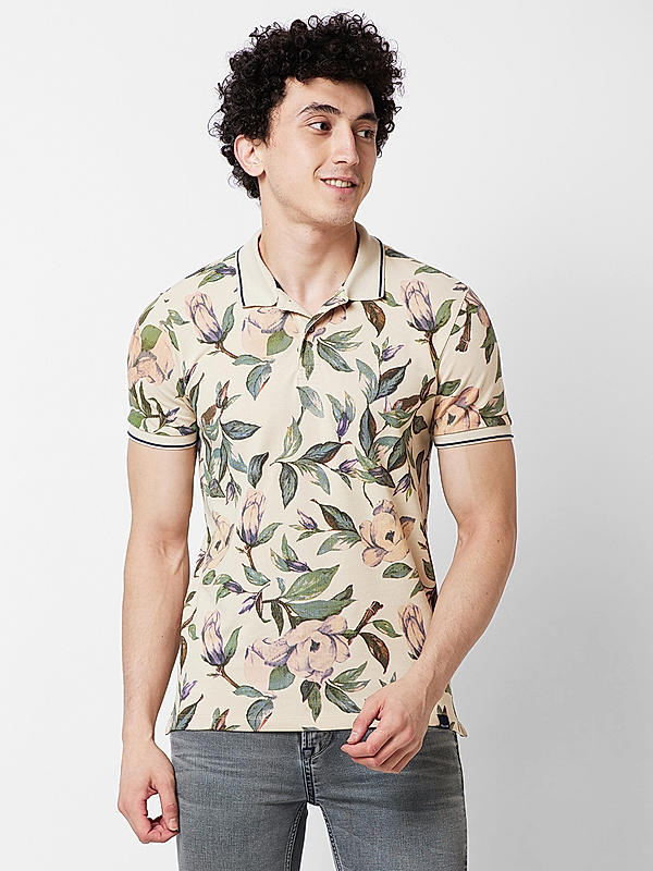 Killer Men Beige Floral Print Slim Fit Half Sleeve T-Shirts