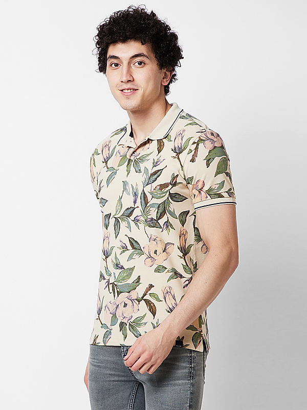 Killer Men Beige Floral Print Slim Fit Half Sleeve T-Shirts