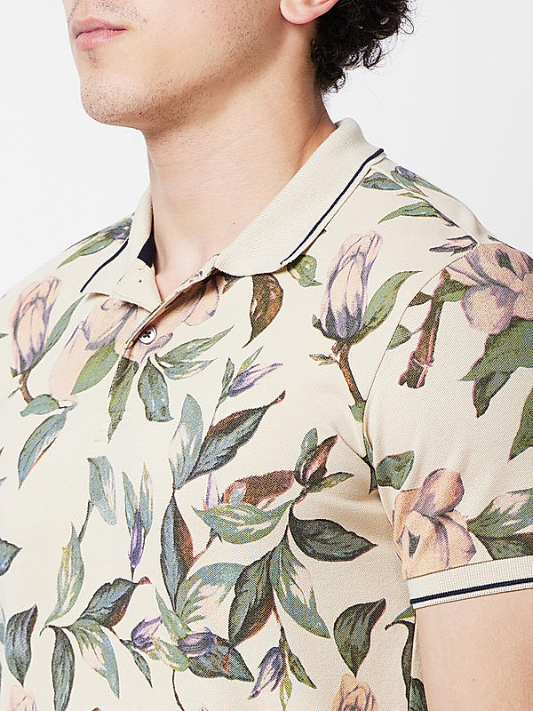 Killer Men Beige Floral Print Slim Fit Half Sleeve T-Shirts