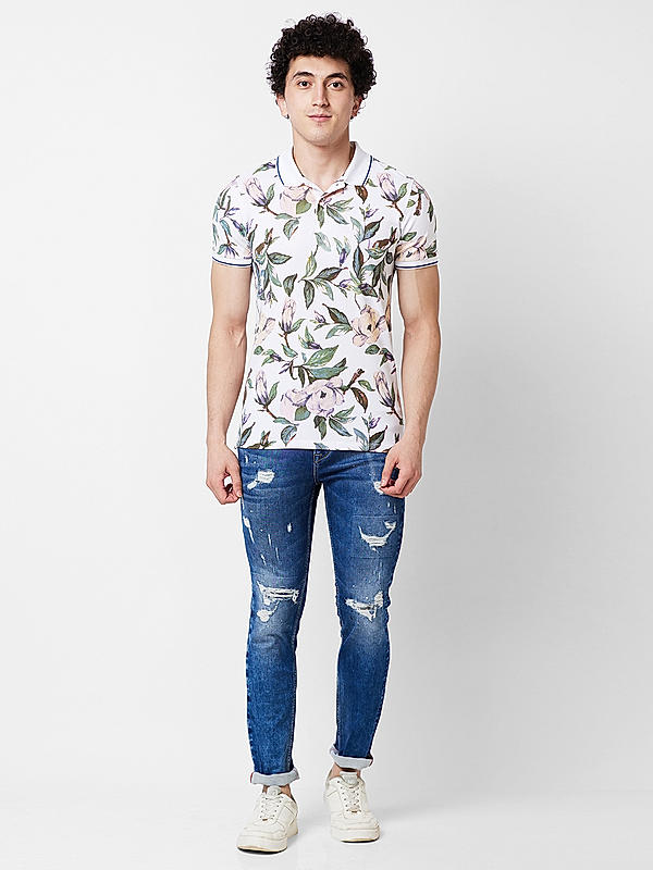 Killer Men White Floral Print Slim Fit Half Sleeve T-Shirts